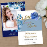 Royal Blue Rose and Gold Leaf Quinceanera Photo Save The Date<br><div class="desc">Photo Save the Date for quinceanera or any other special occasion. Elegant floral design with watercolor rose flower blooms and leaves in shades of blue and gold. Modern chic design for your upcoming sweet 15, 15th birthday celebration. Please browse my Rose and Gold Leaf Collection for matching products or message...</div>