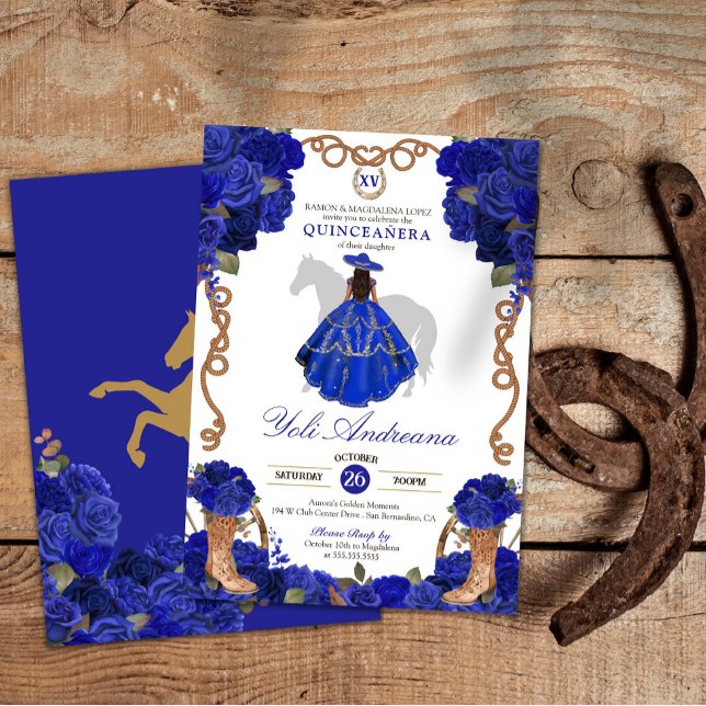 Royal Blue Rose Boots Charro Vestidos Quinceañera Invitation (Creator Uploaded)