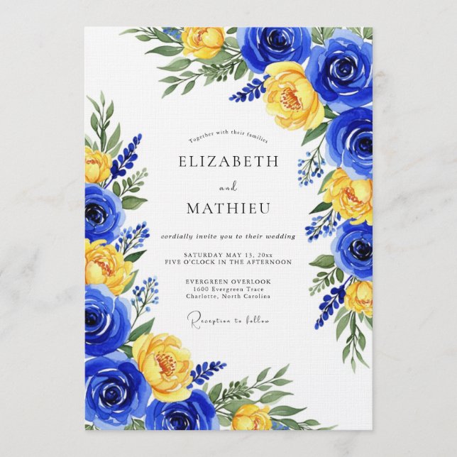 Royal Blue Rose Botanical Wedding Invitation (Front)