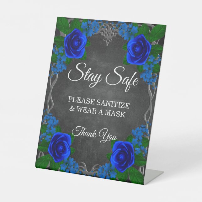 Royal Blue Rose Chalk Board Fall Wedding Safety Pedestal Sign (Front)