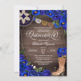 Royal Blue Rose Charra Cowgirl Western Quinceañera Invitation