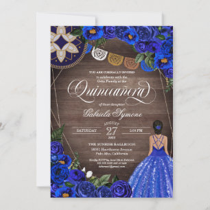 Royal Blue Rose Charro Country Gown Quinceanera Invitation