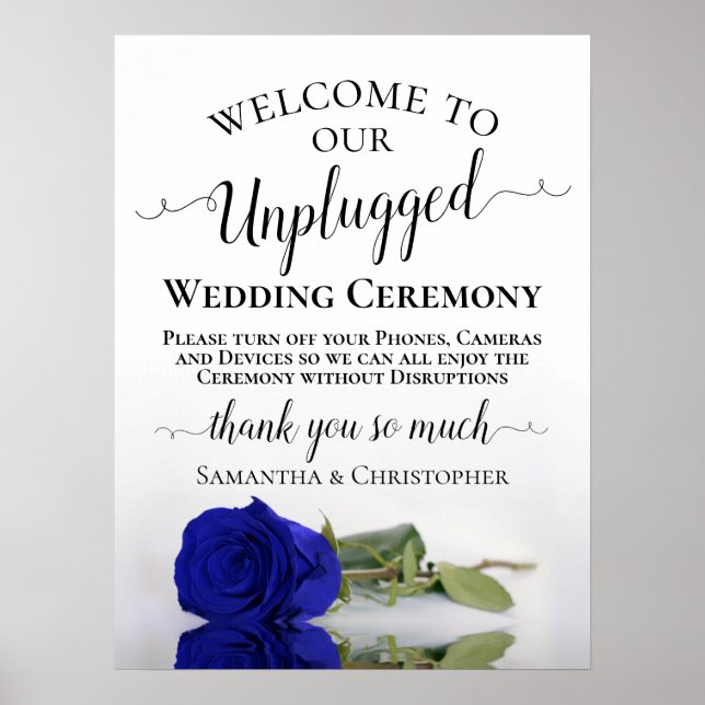 Royal Blue Rose Chic Unplugged Wedding Ceremony Poster (Front)