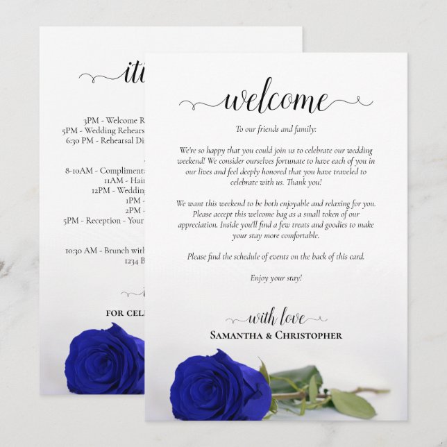Royal Blue Rose Chic Wedding Welcome & Itinerary Programme (Front/Back)