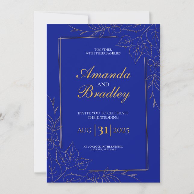 Royal Blue Rose Fancy Gold Lace QR Code Wedding Invitation (Front)