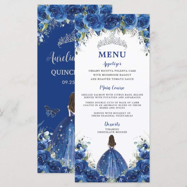 Royal Blue Rose Floral Girl Dress Quinceañera Menu (Front/Back)