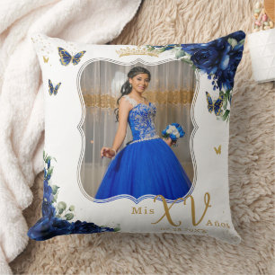 Royal Blue Rose Floral Picture Quinceañera Memento Cushion