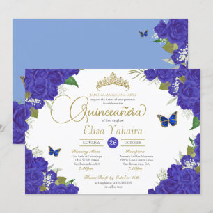 Royal Blue Rose Floral Tiara Butterfly Quinceanera Invitation