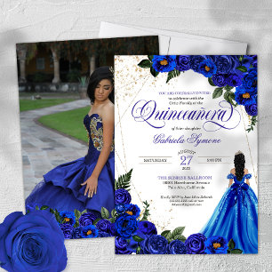Royal Blue Rose & Gold Elegant Photo Quinceañera Invitation