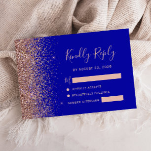 Royal Blue Rose Gold Faux Glitter Edge RSVP Card