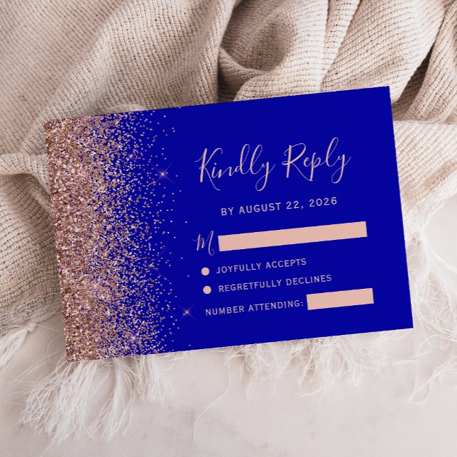 Royal Blue Rose Gold Faux Glitter Edge RSVP Card (Creator Uploaded)