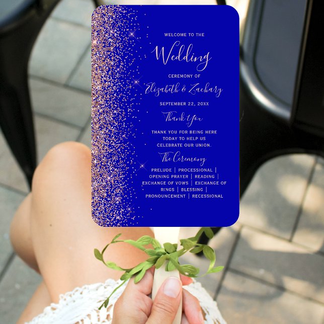 Royal Blue Rose Gold Glitter Edge Wedding Program Hand Fan (Creator Uploaded)