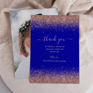 Royal Blue Rose Gold Glitter Photo Wedding Thank You Card