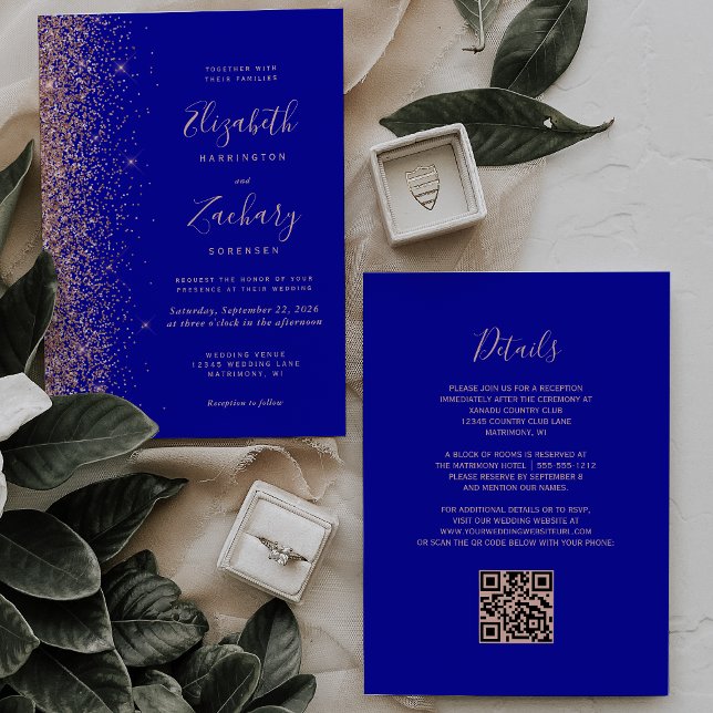 Royal Blue Rose Gold Glitter QR Code Wedding Invitation (Creator Uploaded)
