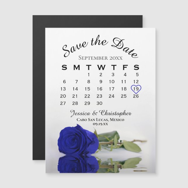 Royal Blue Rose Save the Date Calendar Magnet (Front/Back)