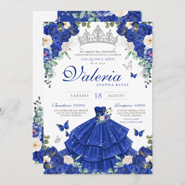 Royal Blue Rose Silver Princess Quinceanera Invitation (Front/Back)