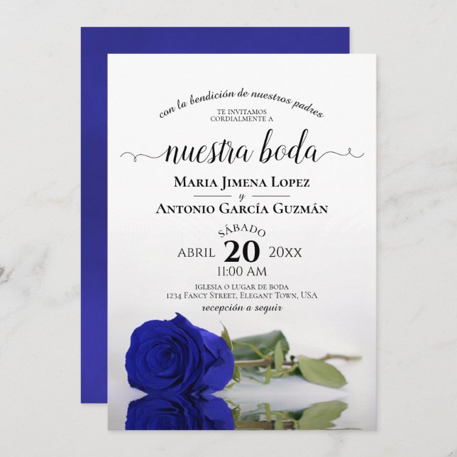 Royal Blue Rose Spanish Nuestra Boda Wedding Invitation (Front/Back)