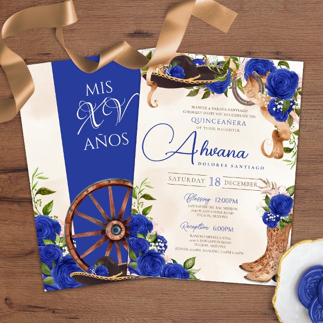 Royal Blue Rose Vintage Charro Western Quinceanera Invitation (Creator Uploaded)