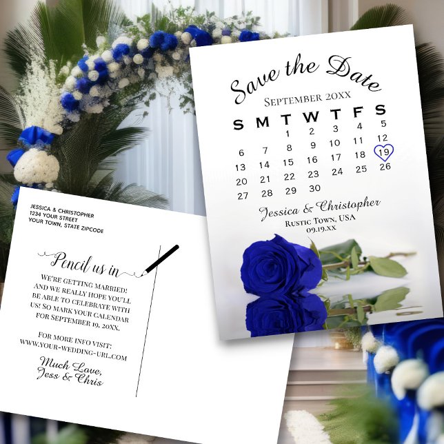 Royal Blue Rose Wedding Calendar Save the Date Announcement Postcard (Front/Back)