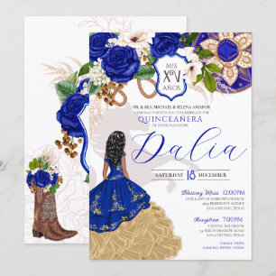 Royal Blue Rose Western Charro Crest Quinceanera Invitation