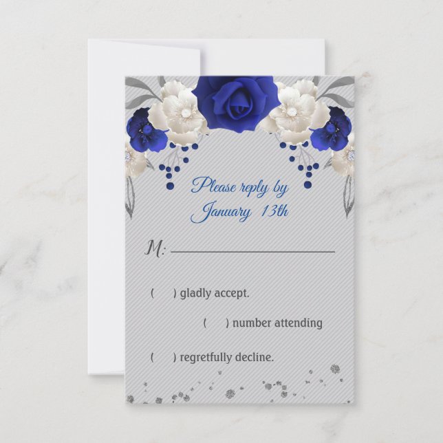 royal blue rose white flowers grey rsvp card (Front)