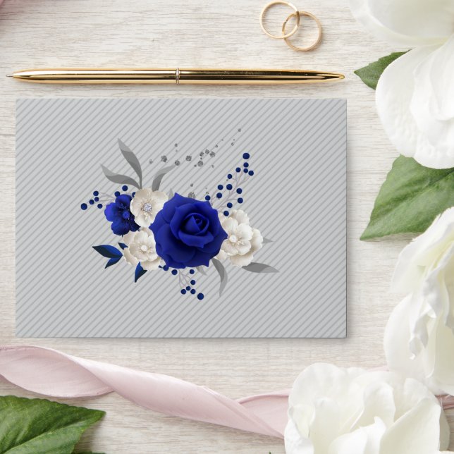 royal blue rose white flowers grey wedding envelope (Wedding)