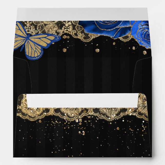 Royal Blue Roses Butterfly Black Gold Lace  Envelope (Back (Bottom))