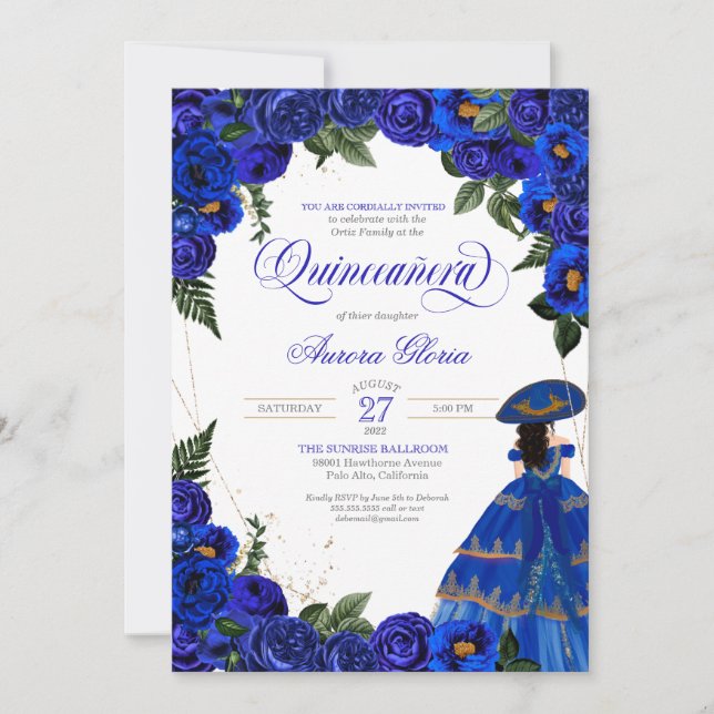 Royal Blue Roses Elegant Charro Dress Quinceaner Invitation (Front)