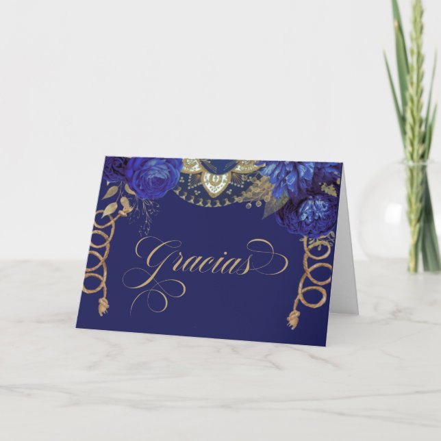 Royal Blue Roses Elegant Charro Western Spanish Thank You Card (Front)