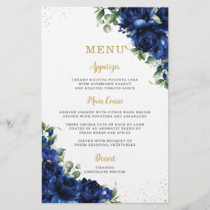 Royal Blue Roses Floral Flowers Menu Sheet 