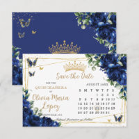 Royal Blue Roses Floral Gold Quinceañera Calendar