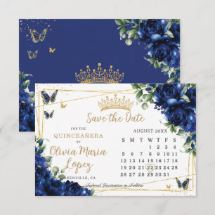 Royal Blue Roses Floral Gold Quinceañera Calendar Save The Date