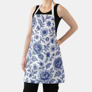 Royal Blue Roses Floral Pattern Apron
