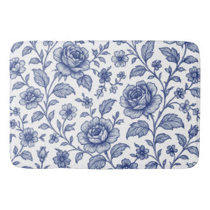 Royal Blue Roses Floral Pattern Bath Mat