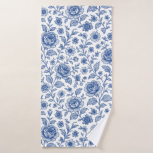 Royal Blue Roses Floral Pattern Bath Towel