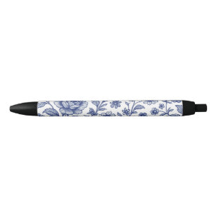 Royal Blue Roses Floral Pattern Black Ink Pen