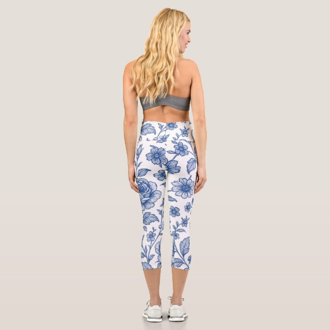 Royal Blue Roses Floral Pattern  Capri Leggings (Back)