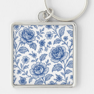 Royal Blue Roses Floral Pattern Key Ring