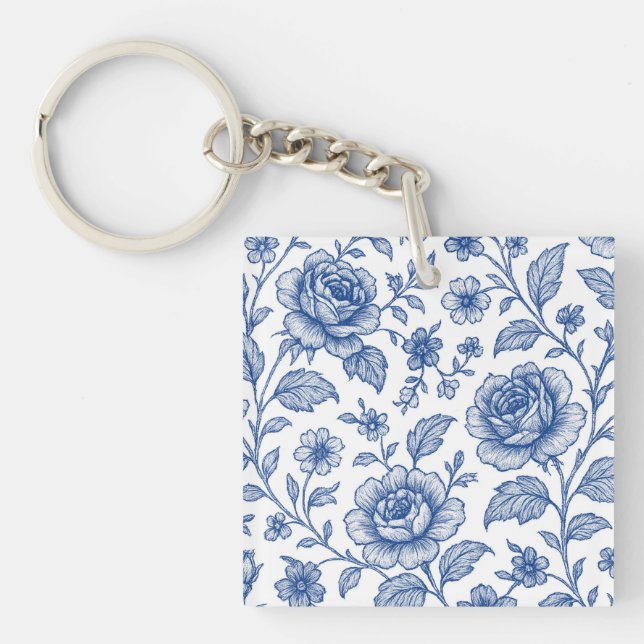 Royal Blue Roses Floral Pattern  Key Ring (Front)