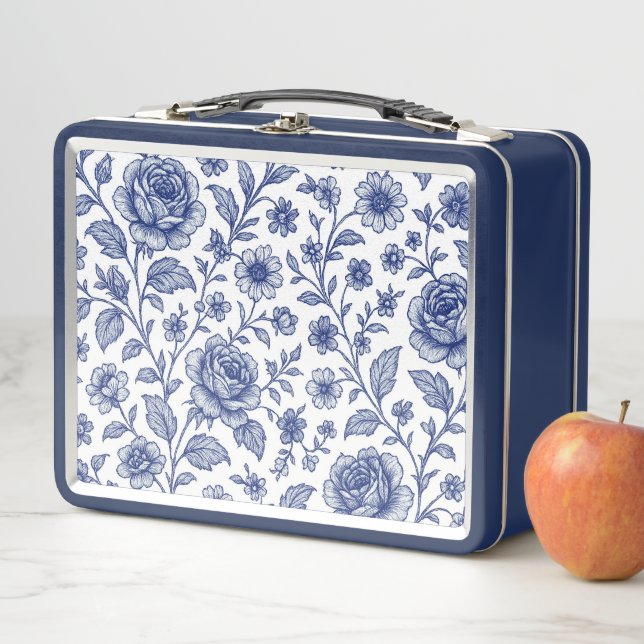 Royal Blue Roses Floral Pattern  Metal Lunch Box (In Situ)