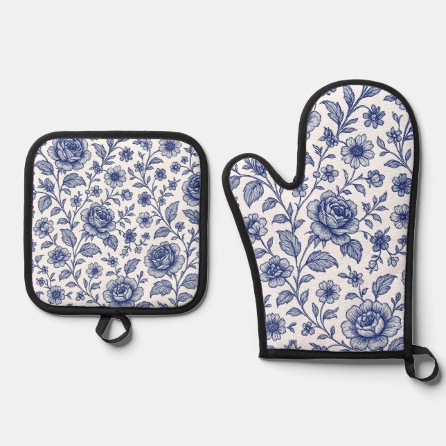 Royal Blue Roses Floral Pattern  Oven Mitt & Pot Holder Set (Front)