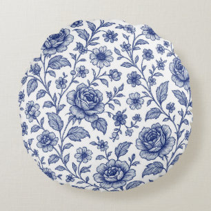 Royal Blue Roses Floral Pattern Round Cushion