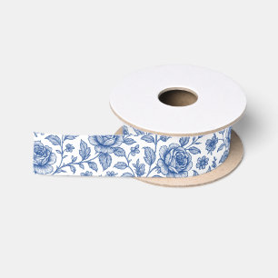 Royal Blue Roses Floral Pattern Satin Ribbon