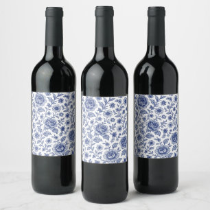 Royal Blue Roses Floral Pattern  Wine Label