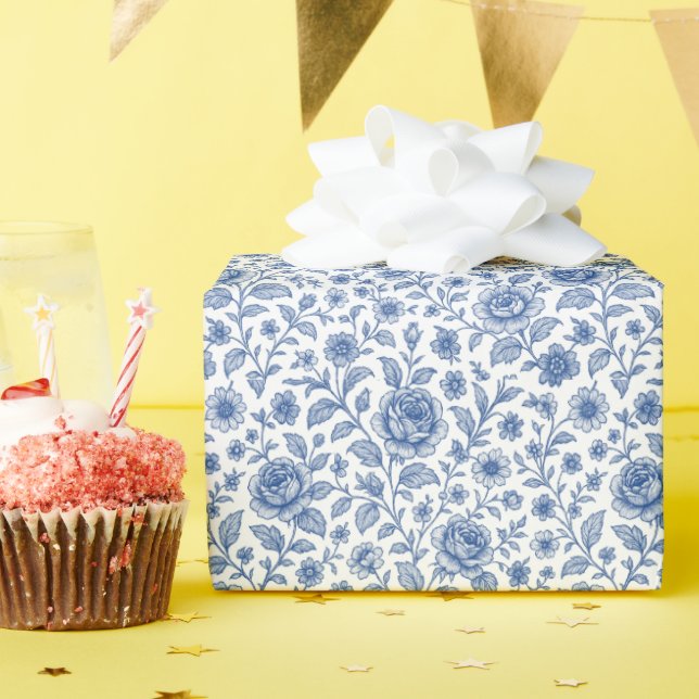 Royal Blue Roses Floral Pattern  Wrapping Paper (Birthday Party)