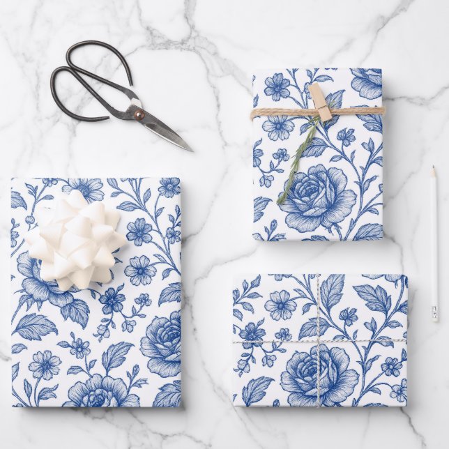 Royal Blue Roses Floral Pattern  Wrapping Paper Sheet (Front)