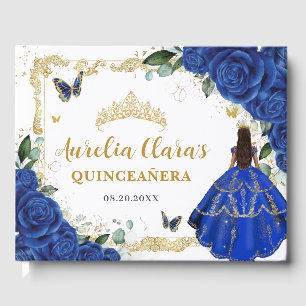Royal Blue Roses Floral Princess Gold Quinceanera Guest Book