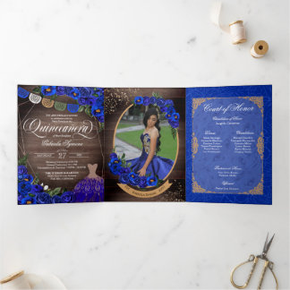 Royal Blue Roses Gold Charro Photo Quinceañera Tri-Fold Invitation