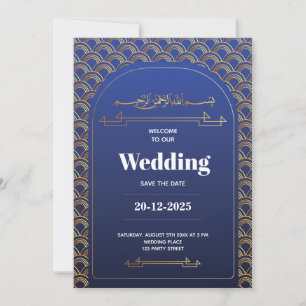 Royal Blue Roses Gold Lace QR Code Muslim Wedding Invitation