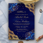 Royal Blue Roses Gold Lace QR Code Muslim Wedding Invitation<br><div class="desc">Amaze your guests with this elegant all in one islamic wedding invite featuring beautiful blue flowers and intricate lace with QR Code for online RSVP. Simply add your event details on this easy-to-use template to make it a one-of-a-kind invitation.</div>